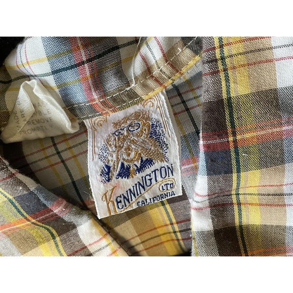 Vintage 70s 80s Kennington Yellow Brown Plaid Large Long Sleeve Pearl Snap Shirt - Picture 3 of 5